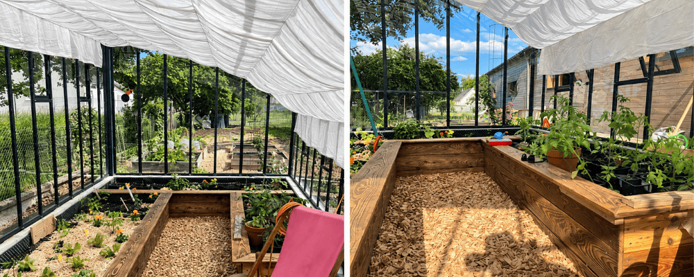 Deux vues de l’intérieur d’une serre Versailles LAMS avec des bacs de culture en bois, de jeunes plants et un ombrage en toiture.